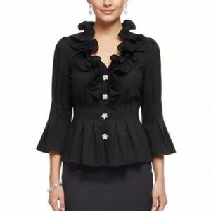 Chetta B Black Blouse Top 4 Ruffle Collar Party Event Jeweled Rhinestone Buttons